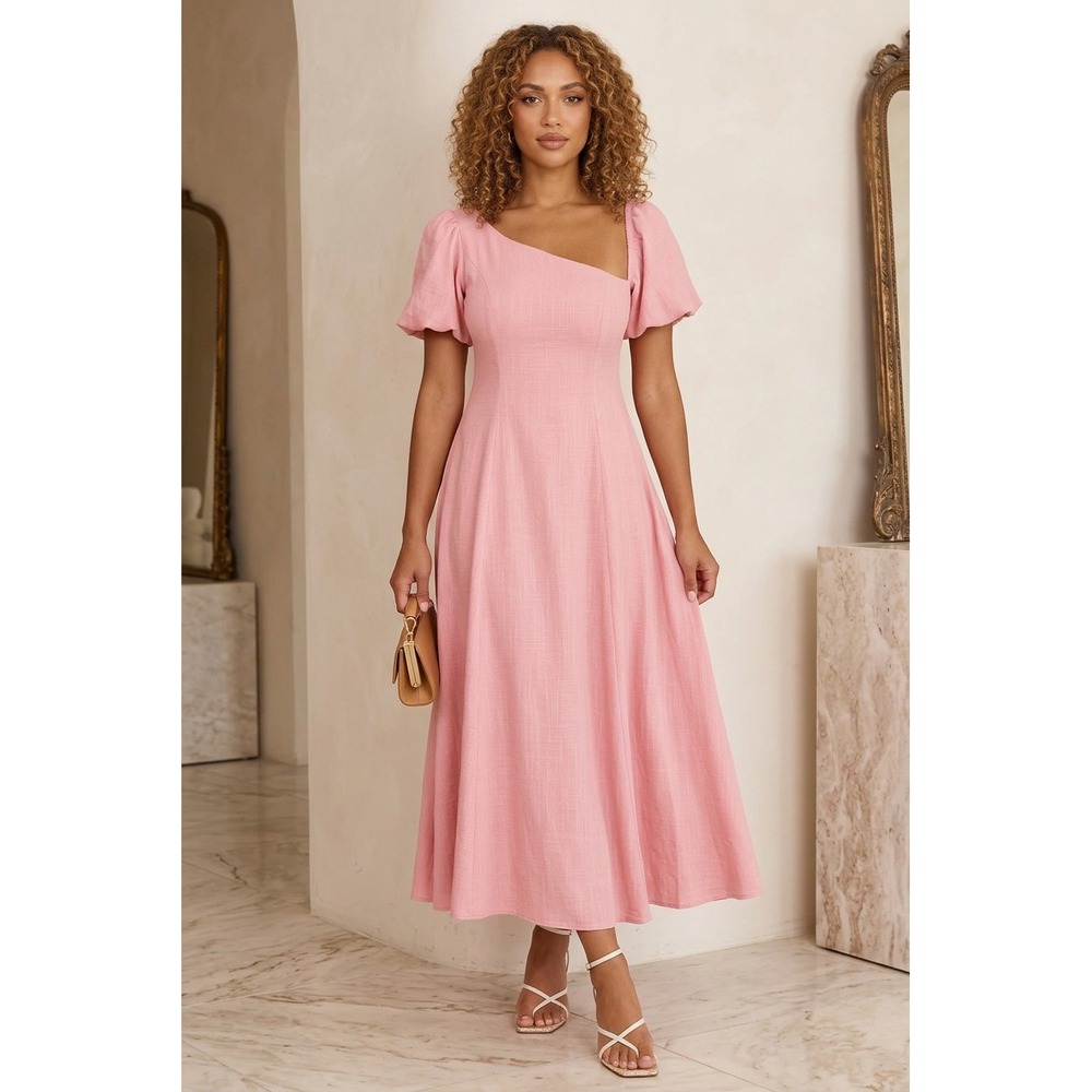 Petal & Pup Franca Midi Dress XL NWT Pink Linen Blend Puff Sleeve Boho Feminine